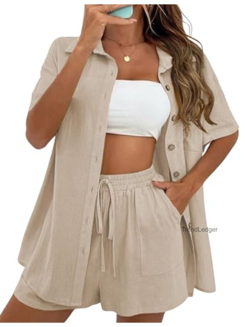 Women's Summer Linen 2-Piece Short Set Casual Lounge Vacation Outfit